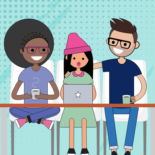 Child looking at laptop with a trusted adult sitting on either side of them