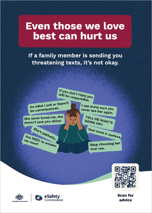 child sitting hands over head surrounded by harassing text messages