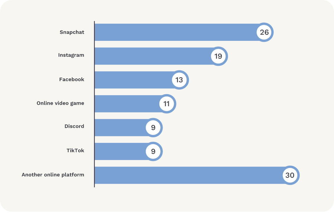 Graph shows online platforms on which online grooming-type behaviours occurred. Snapchat 26%; Instagram 19%; Facebook 13%; online video game 11%; Discord 9%; TikTok 9%; another online platform 30%.
