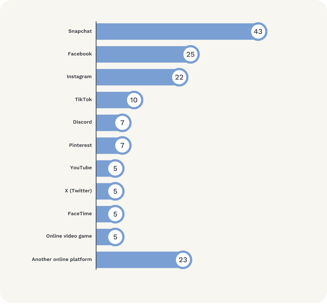 Graph shows online platforms on which image-based abuse occurred. Snapchat 43%; Facebook 25%; Instagram 22%; TikTok 10%; Discord 7%; Pinterest 7%; YouTube 5%; X (Twitter) 5%; FaceTime 5%; online video game 5%; another online platform 23%.