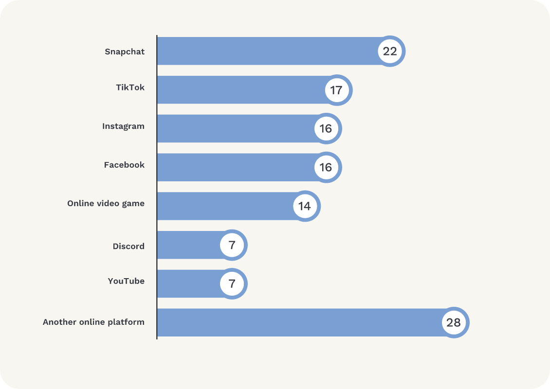 Graph shows online platforms on which online hate occurred. Snapchat 22%; TikTok 17%; Instagram 16%; Facebook 16%; online video game 14%; Discord 7%; YouTube 7%; another online platform 28%.