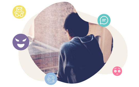 young person with back to audience looking out a window